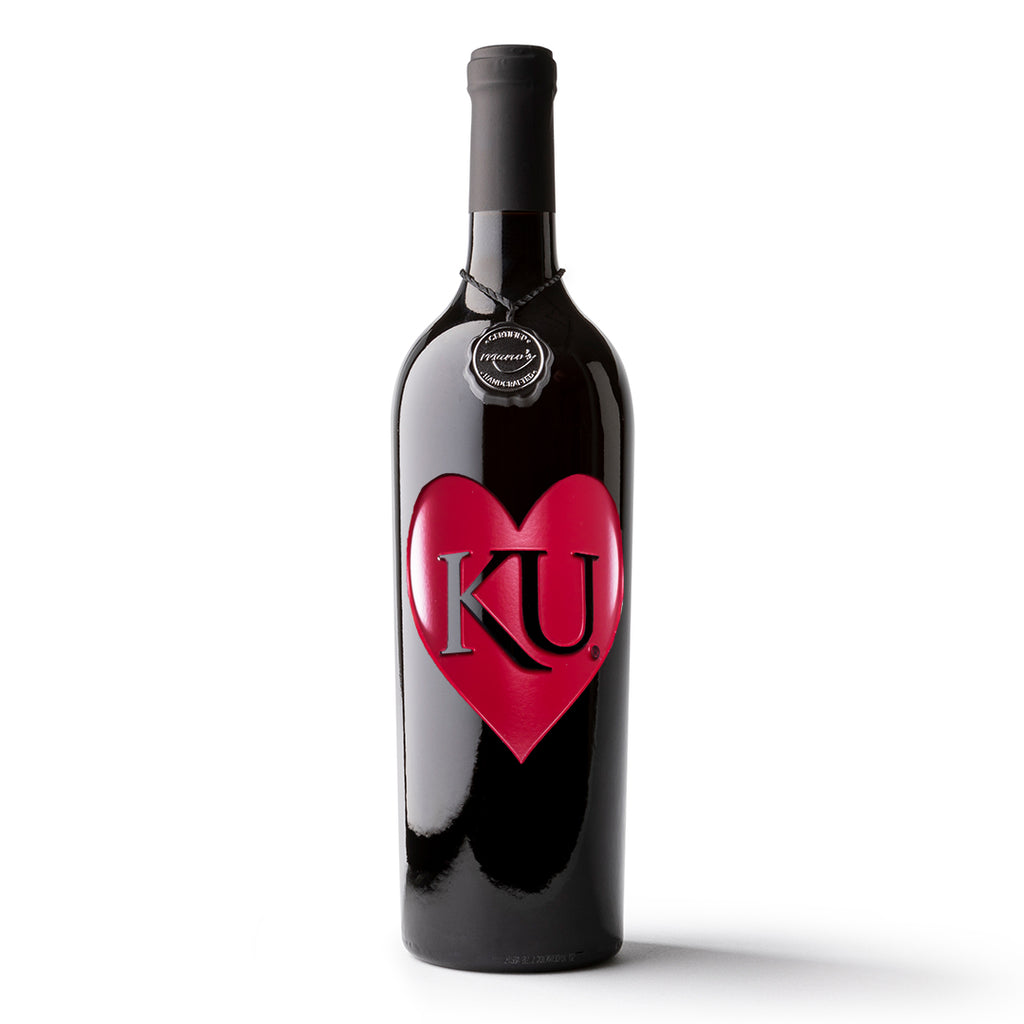 University of Kansas Heart Etched Wine Bottle