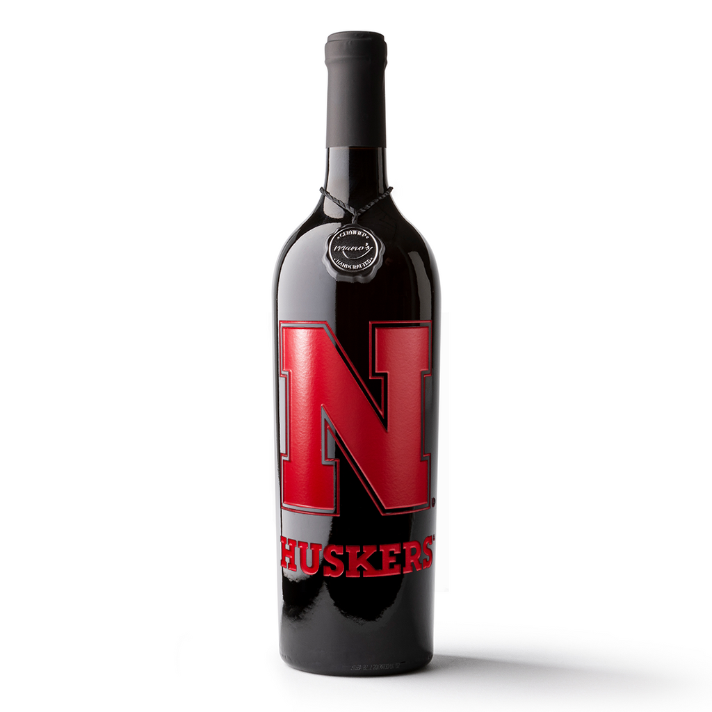University of Nebraska Logo Etched Wine Bottle