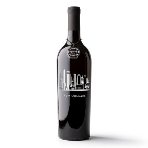 New Orleans city skyline deep-etched on a bottle of Mano's Wine
