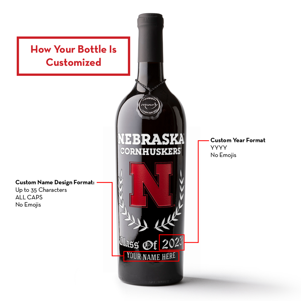 University of Nebraska Custom Alumni Etched Wine Bottle