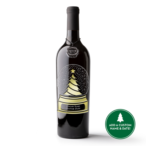 Holiday Tree Snow Globe Custom Etched Wine Bottle