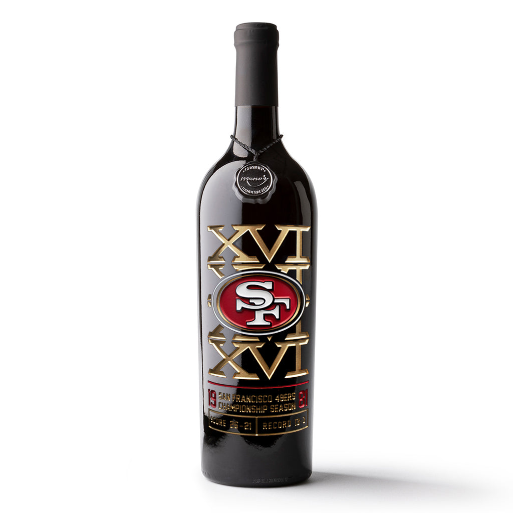 Mano's Wine San Francisco 49ers 1981 World Championship etched wine bottle with team logo and gold XVI
