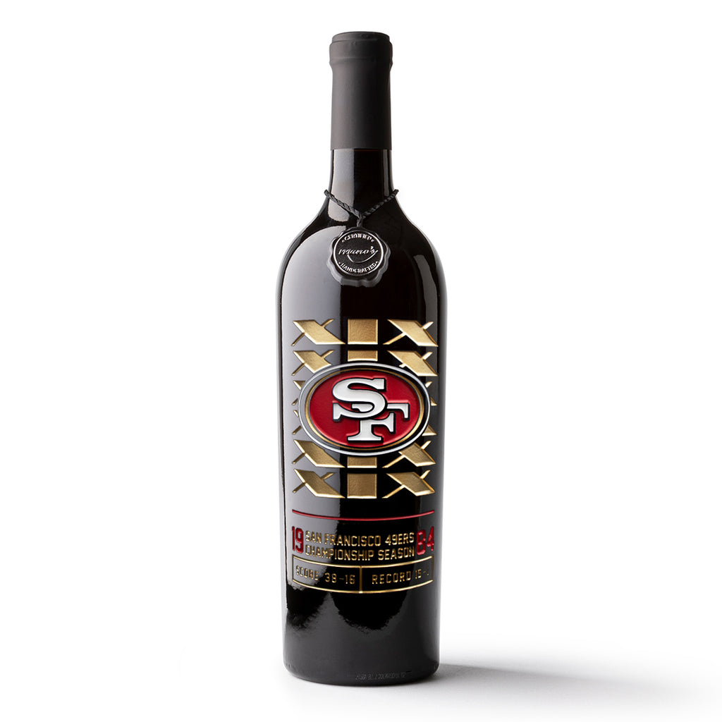 Mano's Wine San Francisco 49ers 1984 World Championship etched wine bottle with team logo and gold XIX