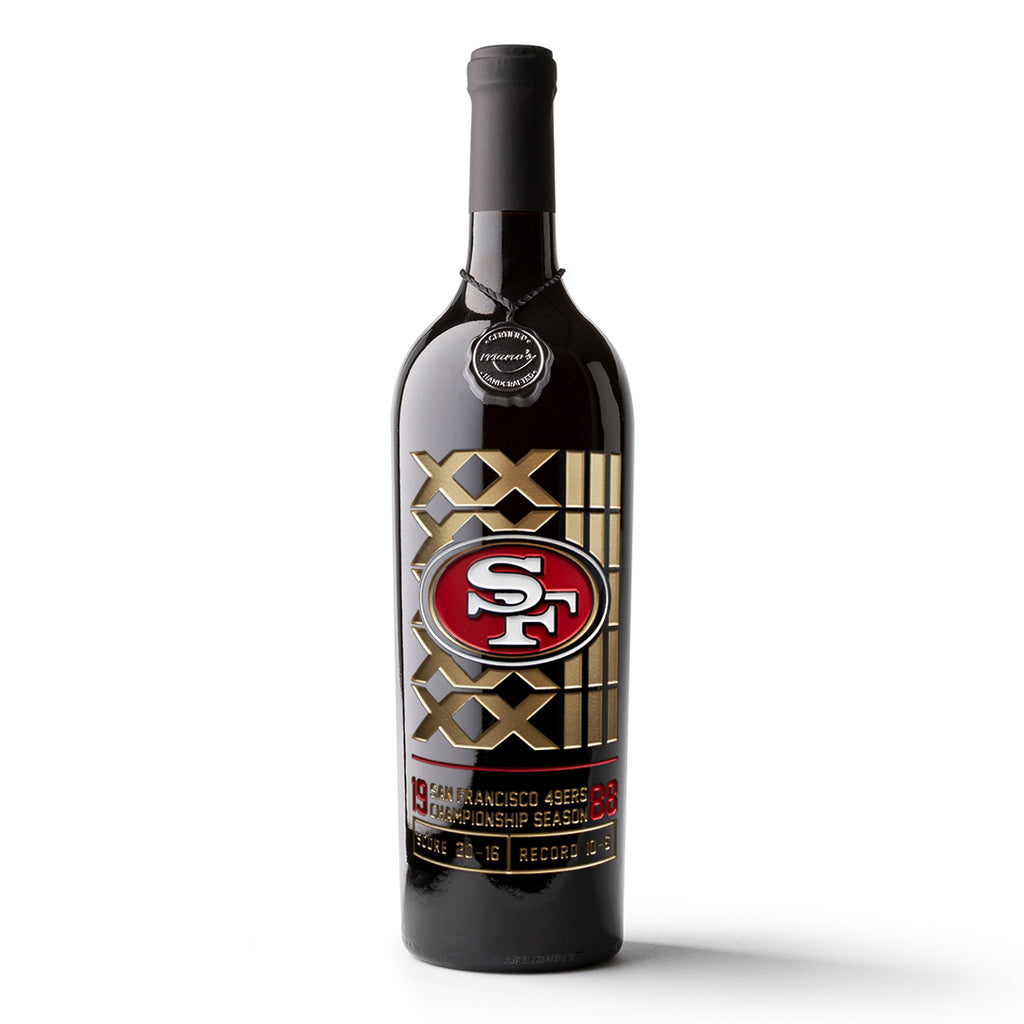 Mano's Wine San Francisco 49ers 1988 World Championship etched wine bottle with team logo and gold XXIII