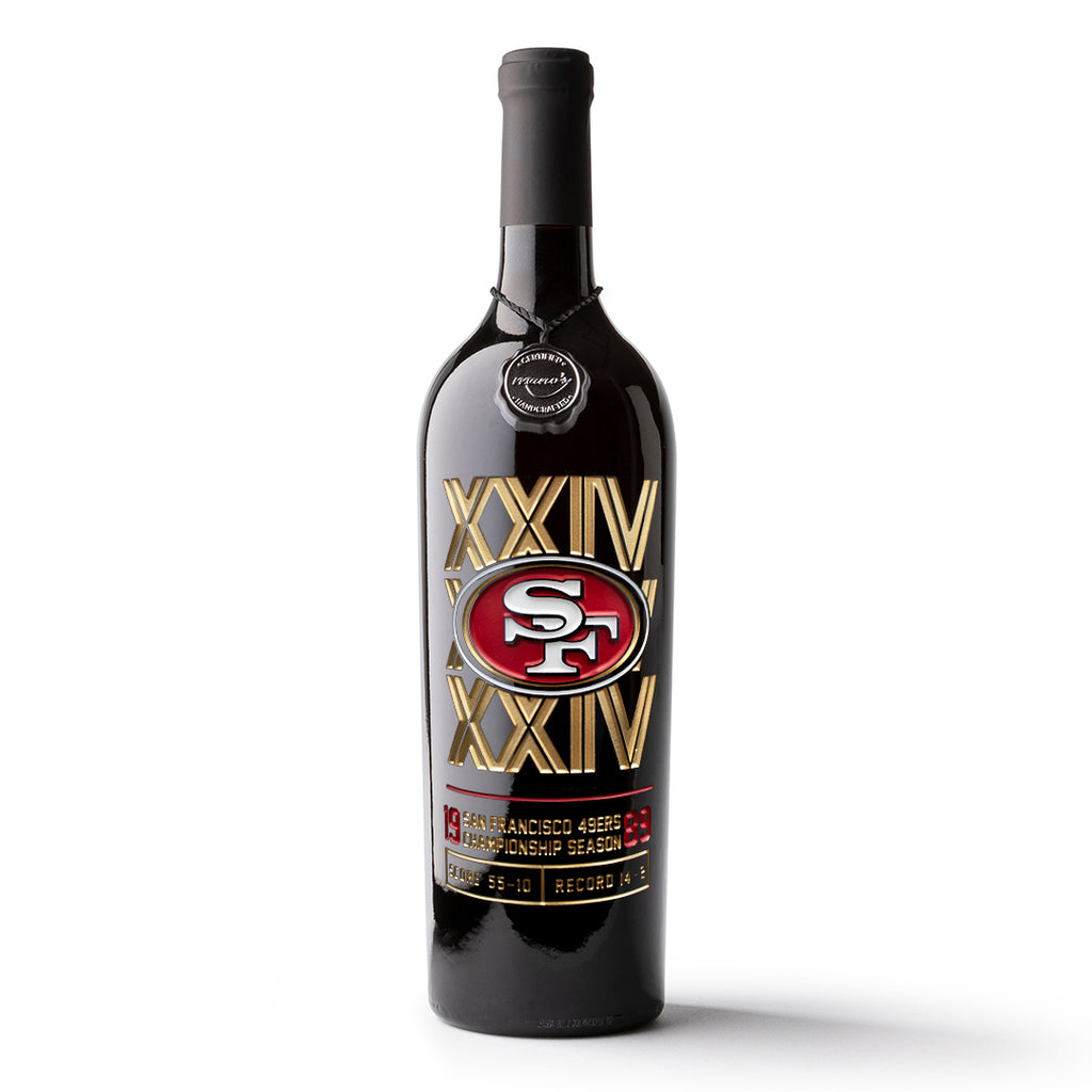 Mano's Wine San Francisco 49ers 1989 World Championship etched wine bottle with team logo and gold XXIV