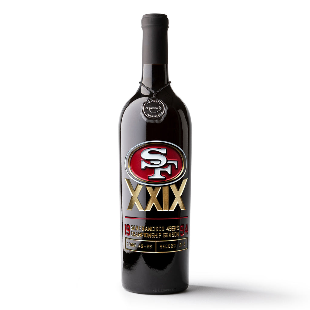 Mano's Wine San Francisco 49ers 1994 World Championship etched wine bottle with team logo and gold XXIX