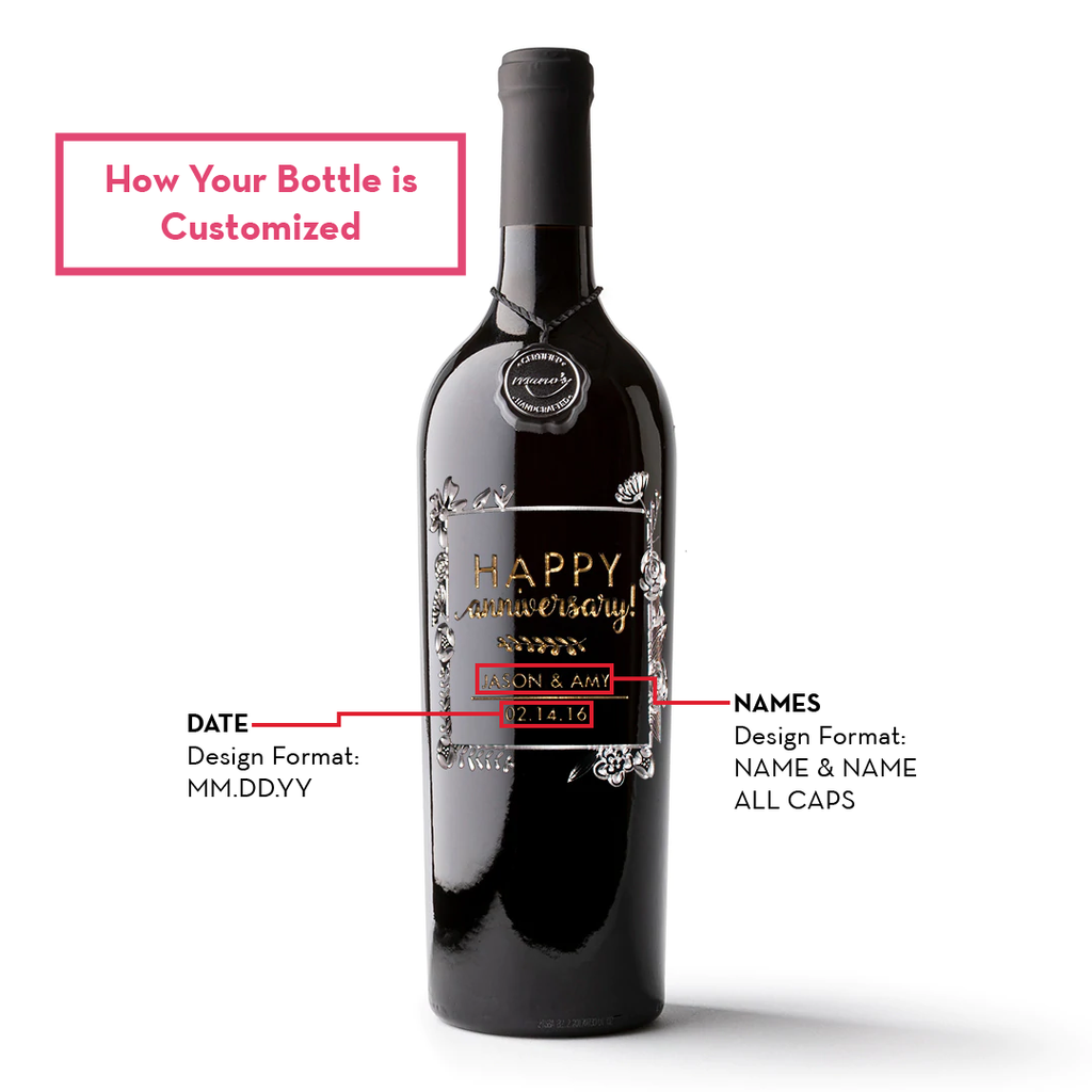 Anniversary Flower Frame Custom Etched Wine Bottle