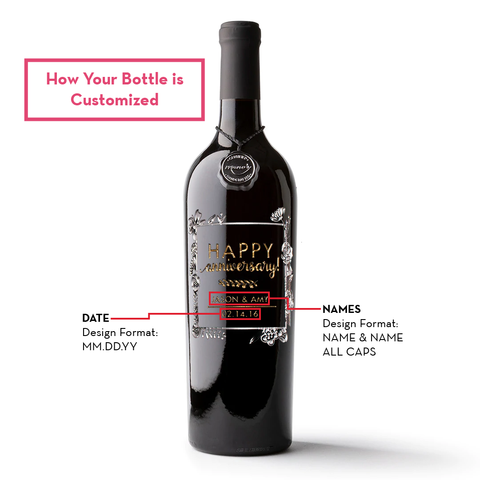 Anniversary Flower Frame Custom Etched Wine Bottle