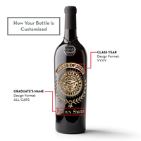 Add a name and graduation class year to the Mano's Wine Custom Graduation Laurel Etched Wine bottle