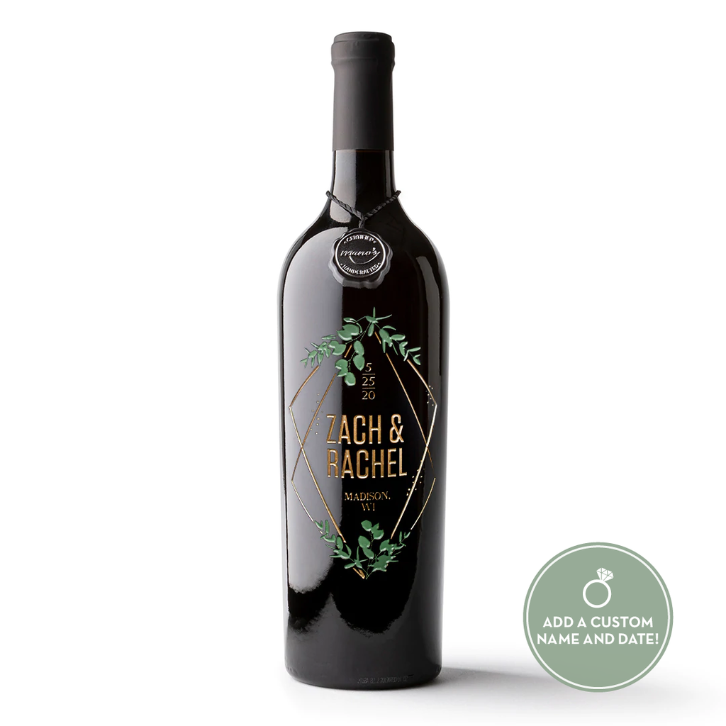 Wedding Foliage Diamond Frame Custom Etched Wine Bottle