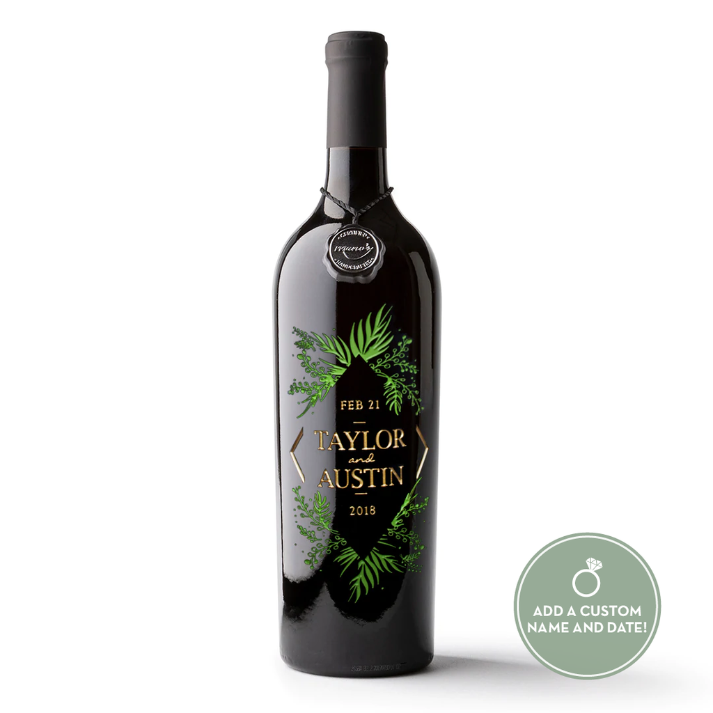 Wedding Foliage Frame Custom Etched Wine Bottle