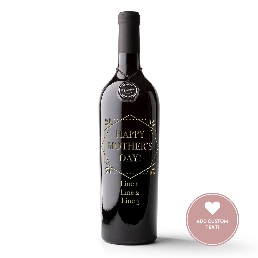 Mother's Day Custom Text Gold Frame Etched Wine Bottle