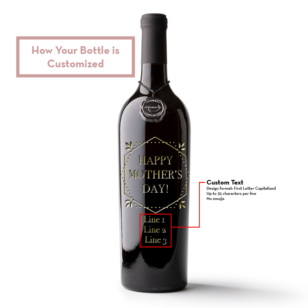 Mother's Day Custom Text Gold Frame Etched Wine Bottle