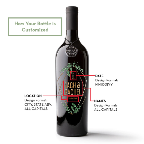 Wedding Foliage Diamond Frame Custom Etched Wine Bottle