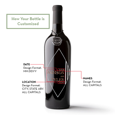 Wedding Diamond Frame Custom Etched Wine Bottle