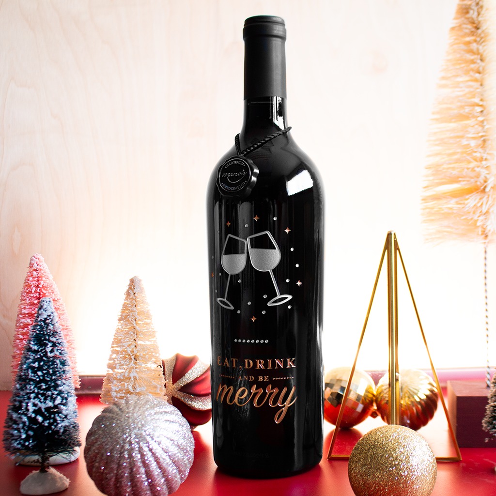 Eat, Drink, And Be Merry Etched Wine Bottle
